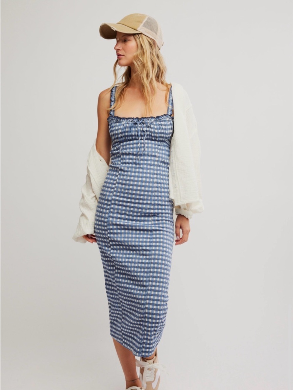 Free People Lucinda Gingham Midi Dress Blue and White Size M - Picture 2 of 11